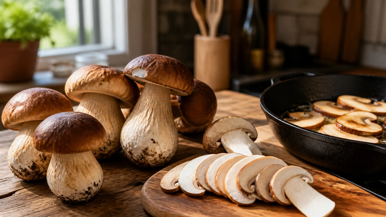 Whole fresh porcini beside raw slices on a board and more slices browning in a cast iron pan