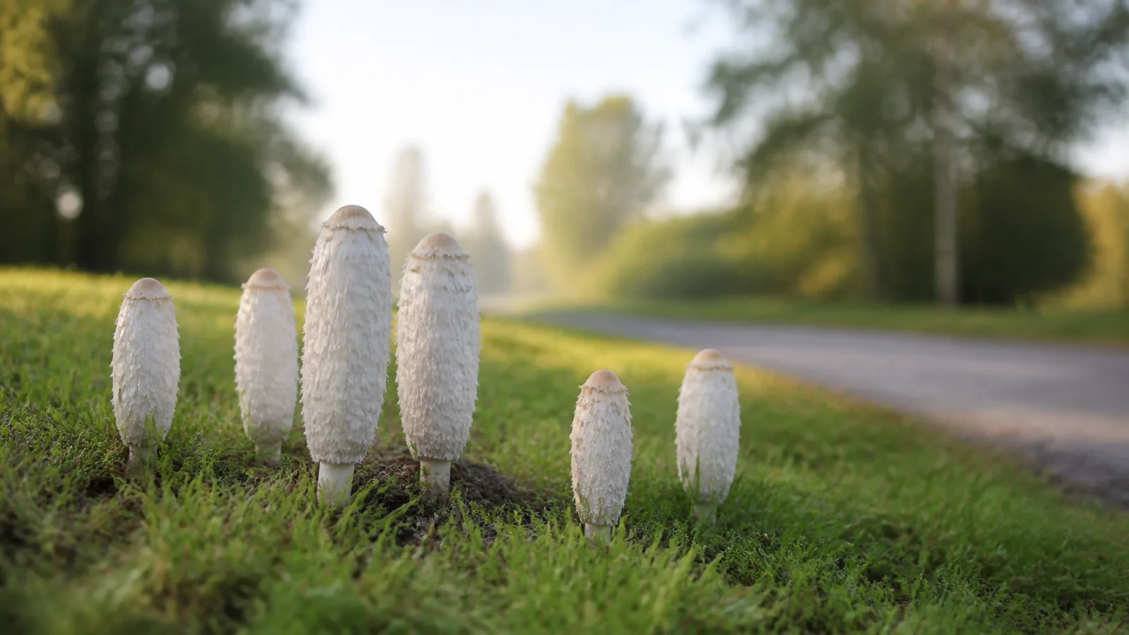A group of tall white shaggy mane mushrooms pushing up through short grass on a verge in low morning light