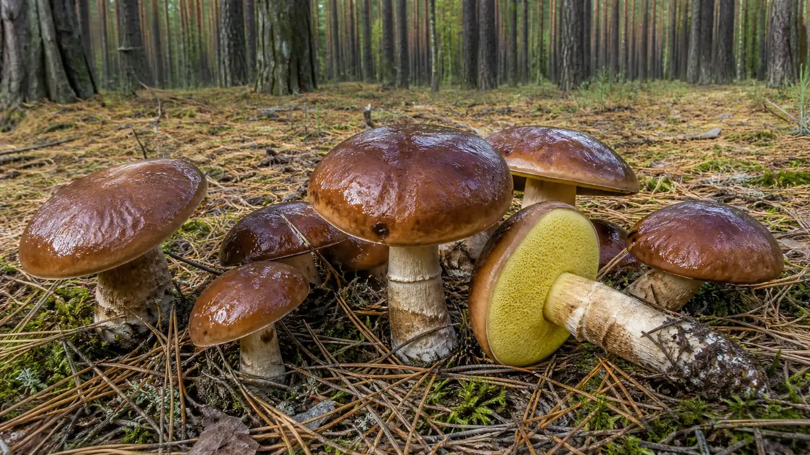Slippery jacks with glossy sticky caps on pine needle ground with one turned to show yellow pores