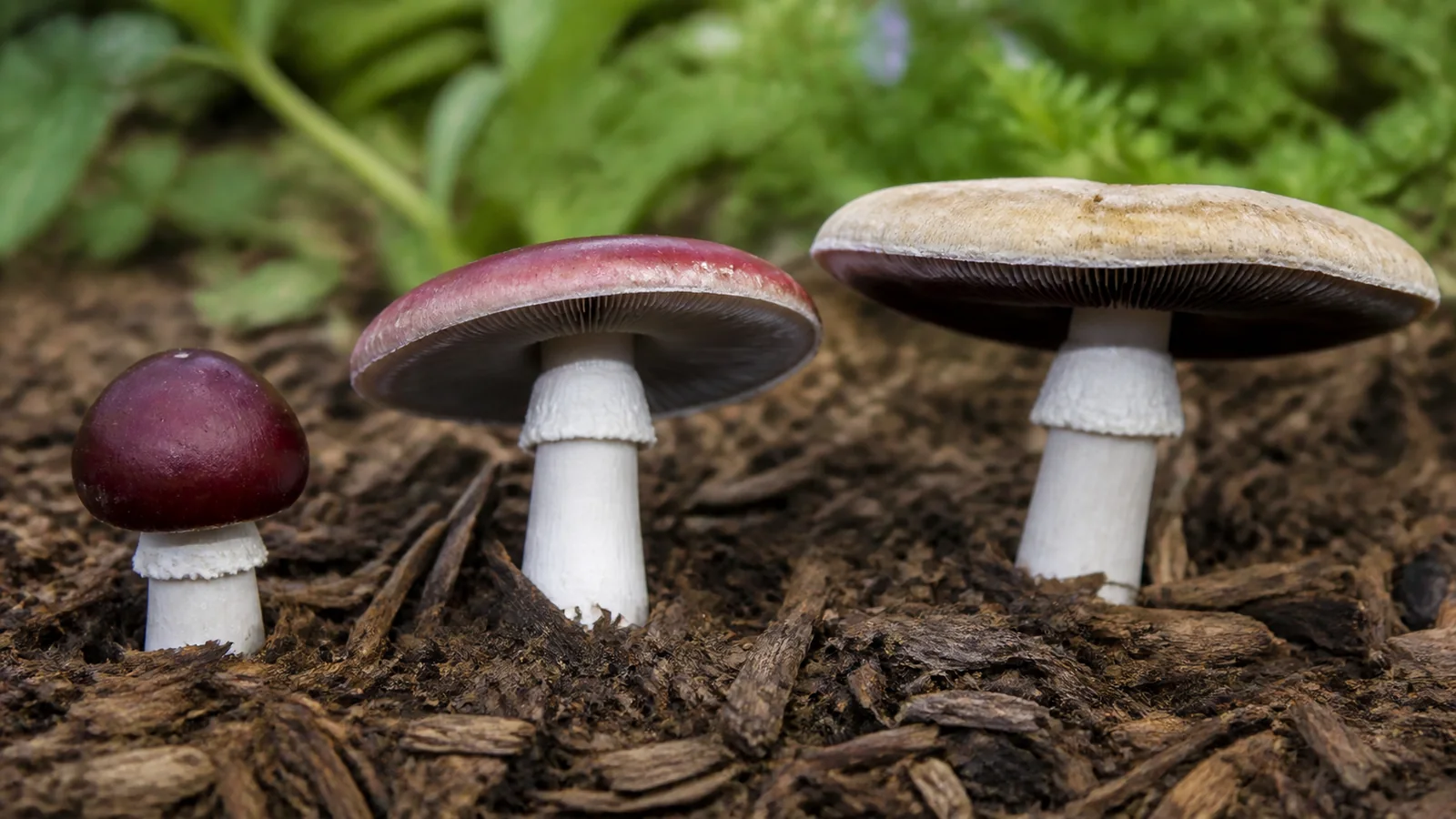Three wine cap mushrooms at different stages in a garden bed of hardwood chips, from a burgundy button to a faded tan flattened cap