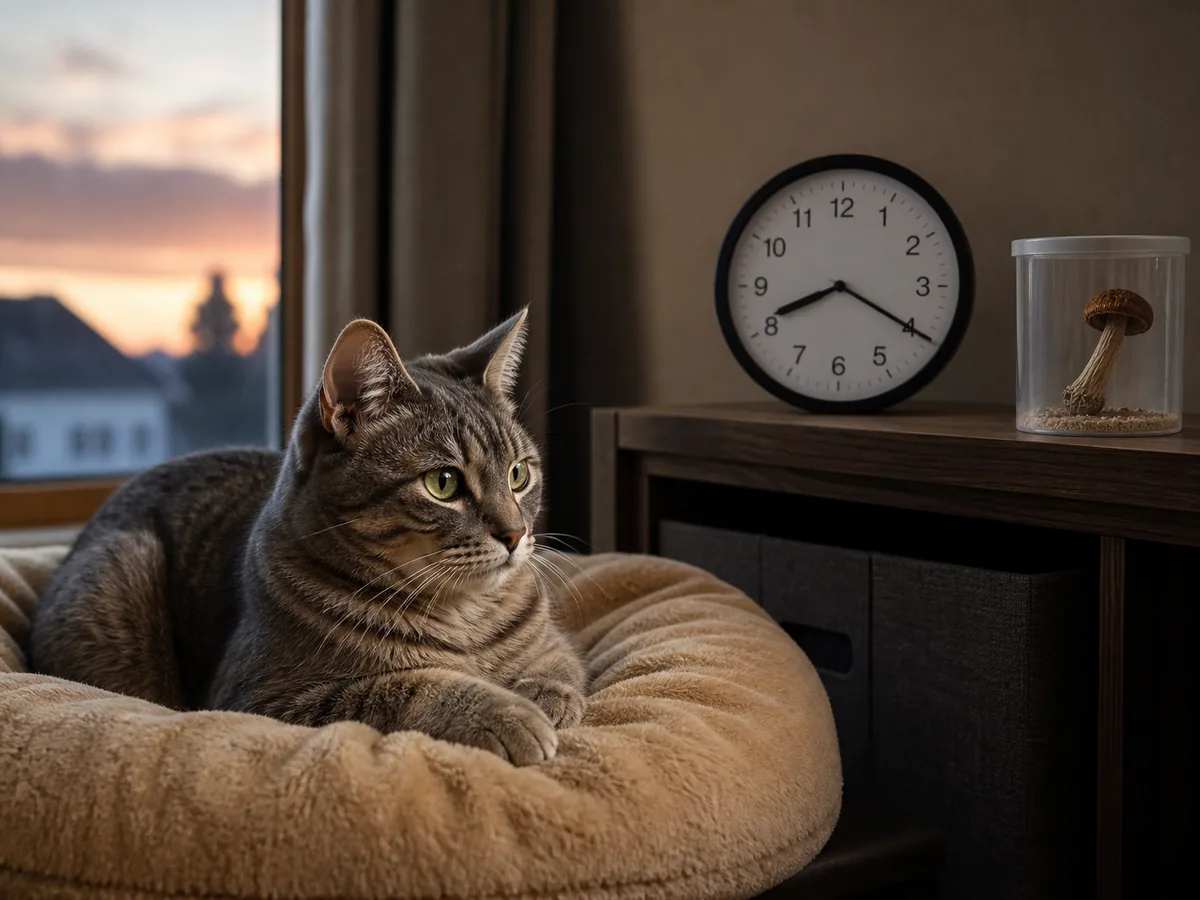 Alert cat resting normally while a clock and an isolated mushroom sample mark elapsed time