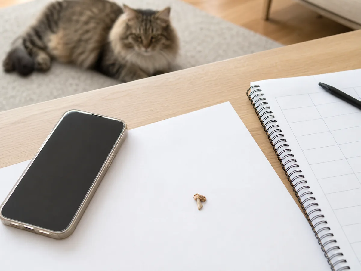 Small chewed mushroom fragment kept apart from a calm cat beside a phone and weight record