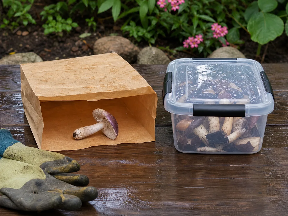 One intact mushroom in a paper evidence bag beside separately contained yard mushrooms for disposal