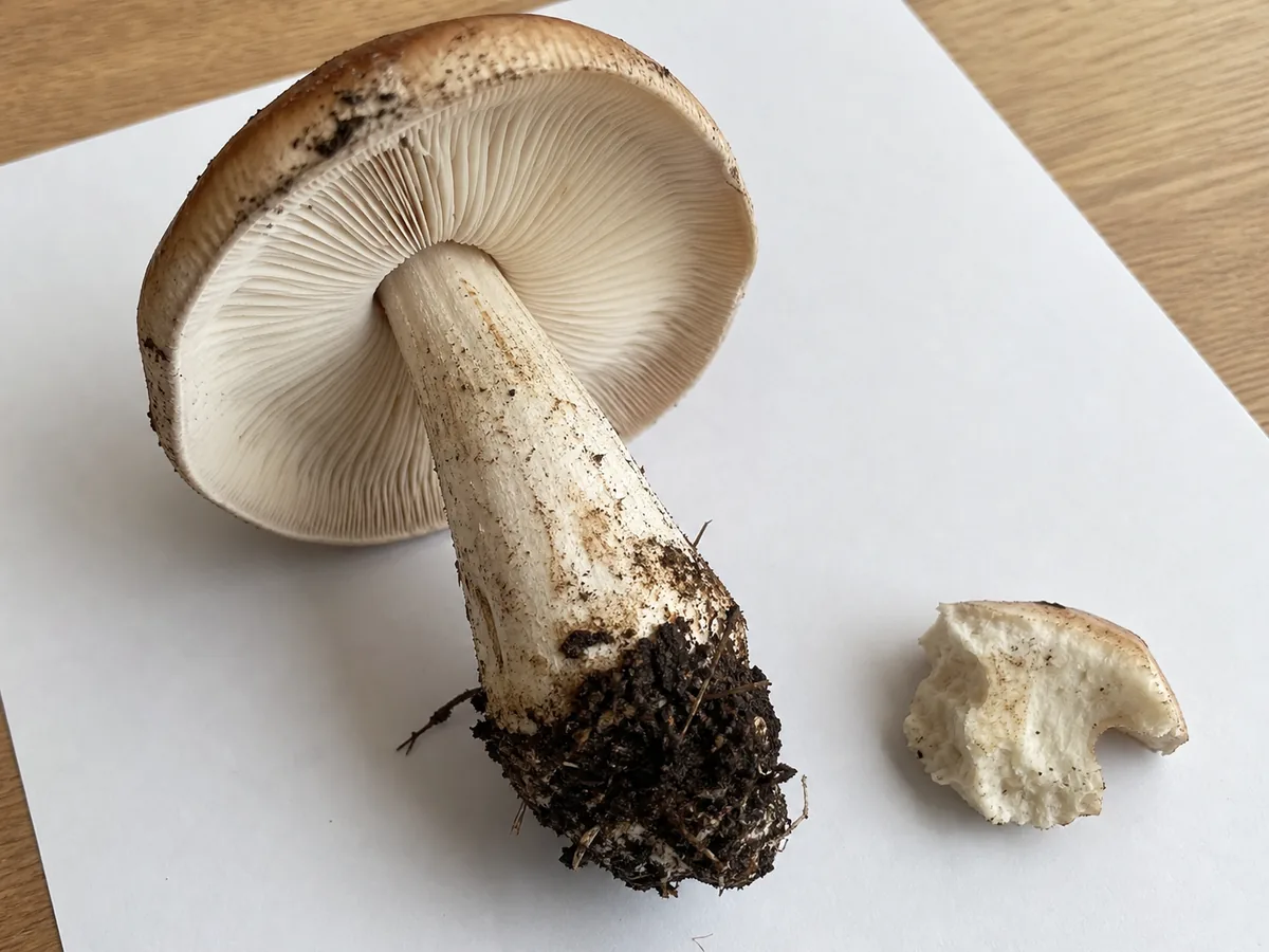 Intact unidentified mushroom with its underside and stem base beside a separate chewed fragment