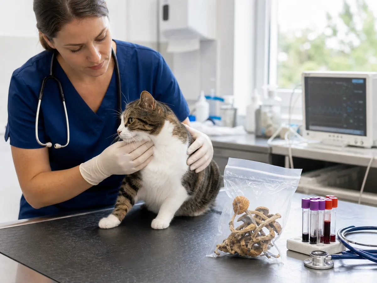 Veterinarian examining a calm cat beside a specimen bag, blood tubes, and monitoring equipment
