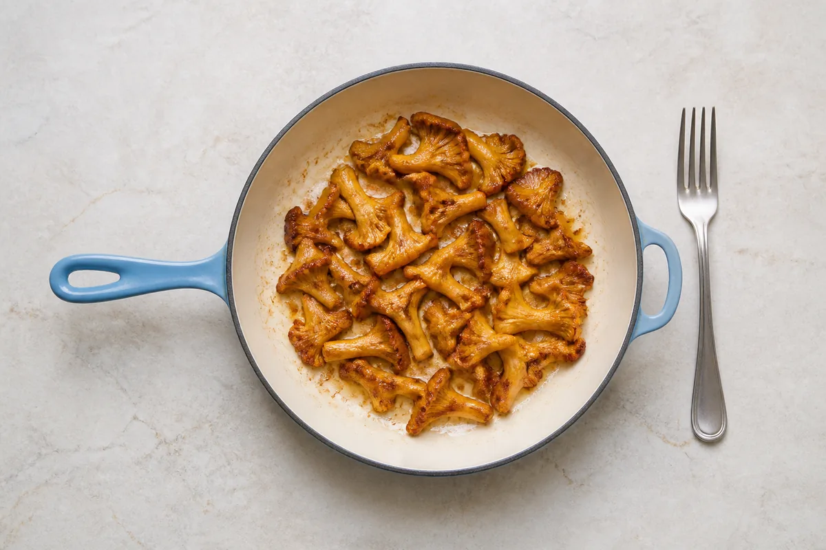 A small skillet portion of fully cooked golden chanterelles beside a dinner fork - chanterelles during pregnancy
