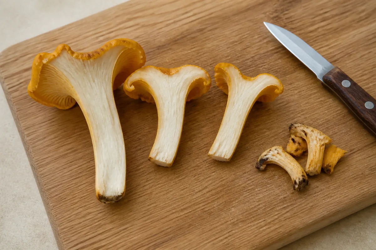 Fresh golden chanterelles cut lengthwise beside a trimmed bruised edge on a clean board - preparing chanterelles during pregnancy