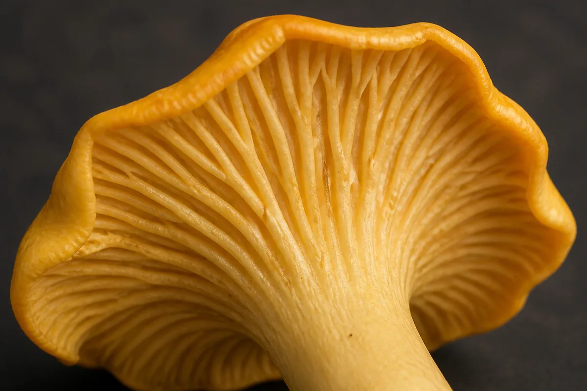 Blunt forked false ridges running down the stem of a verified golden chanterelle - chanterelle identification