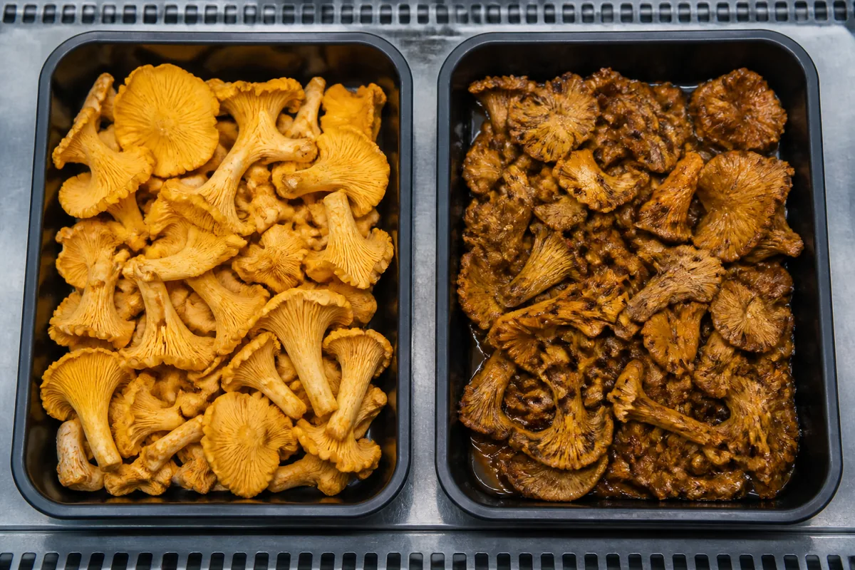 Firm dry chanterelles beside a separate tray of darkened slimy deteriorated mushrooms - chanterelle freshness