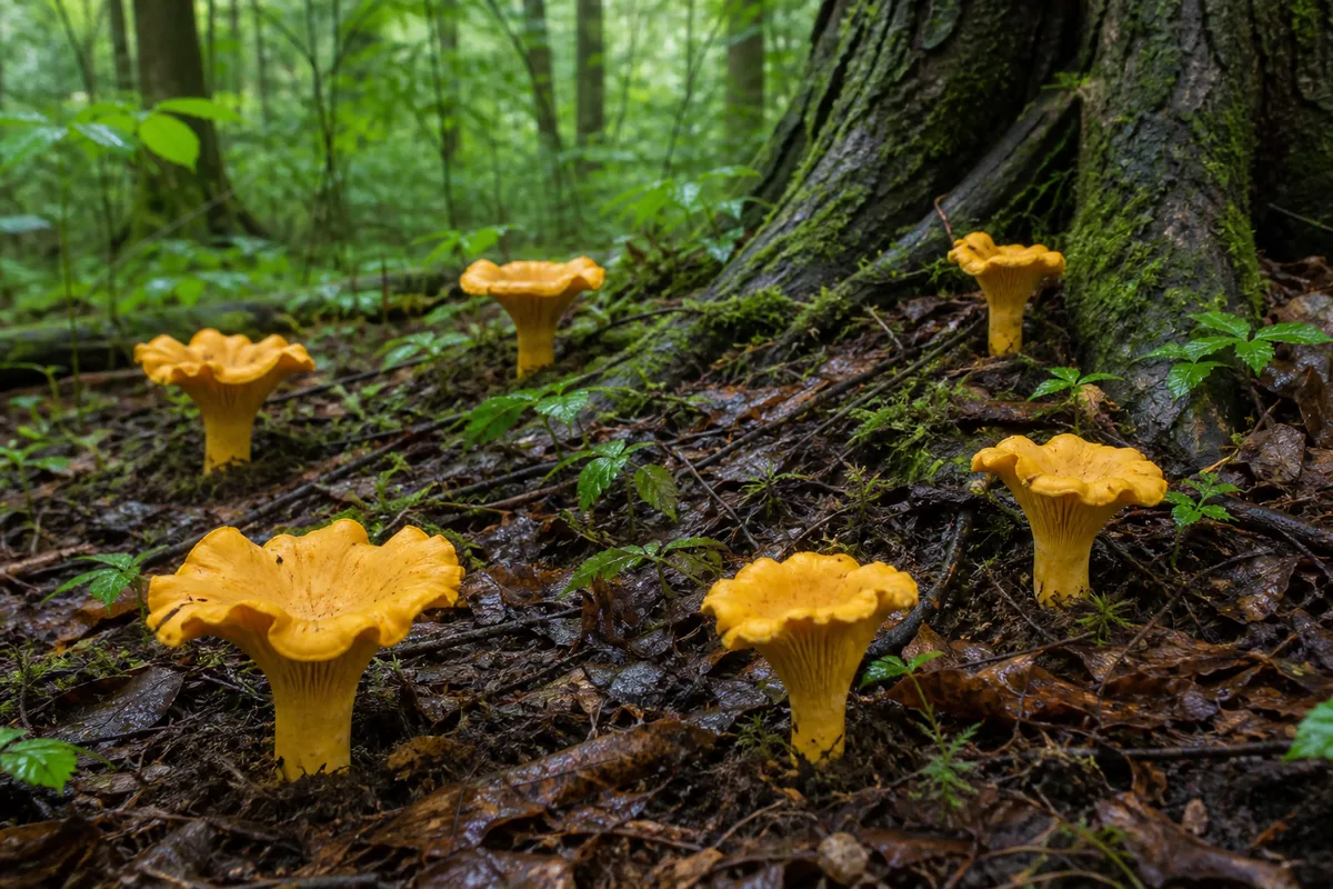 Golden chanterelles growing separately from mossy soil near mature hardwood roots - chanterelles during pregnancy