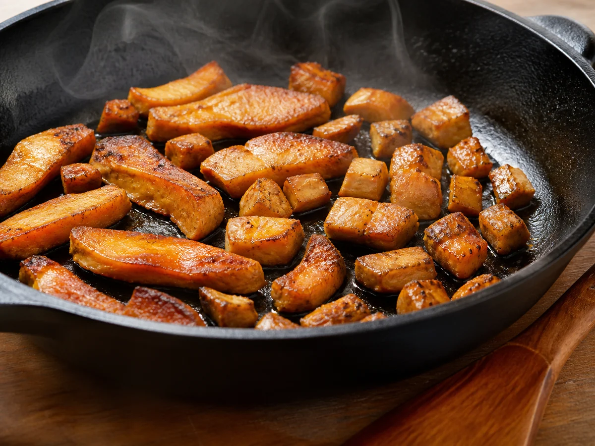 Browned tender chicken of the woods strips and smaller attachment pieces cooking in one uncrowded skillet