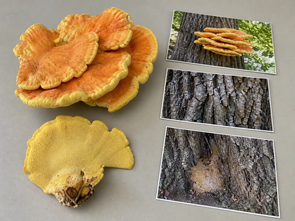 Whole harvested chicken of the woods cluster beside field photographs of its trunk attachment, host bark, and pale pore surface