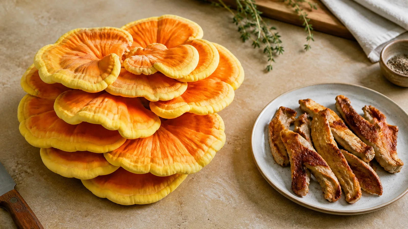 Young chicken of the woods shelves beside a small fully cooked serving - pregnancy food safety | KnowTheSpore