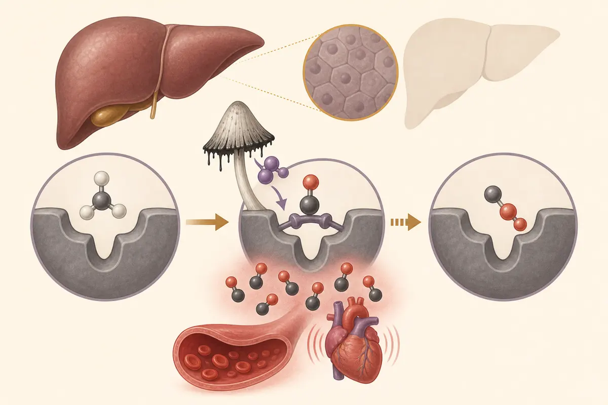 Medical illustration of alcohol metabolism pausing at acetaldehyde after an inkcap-derived metabolite blocks the next enzyme step