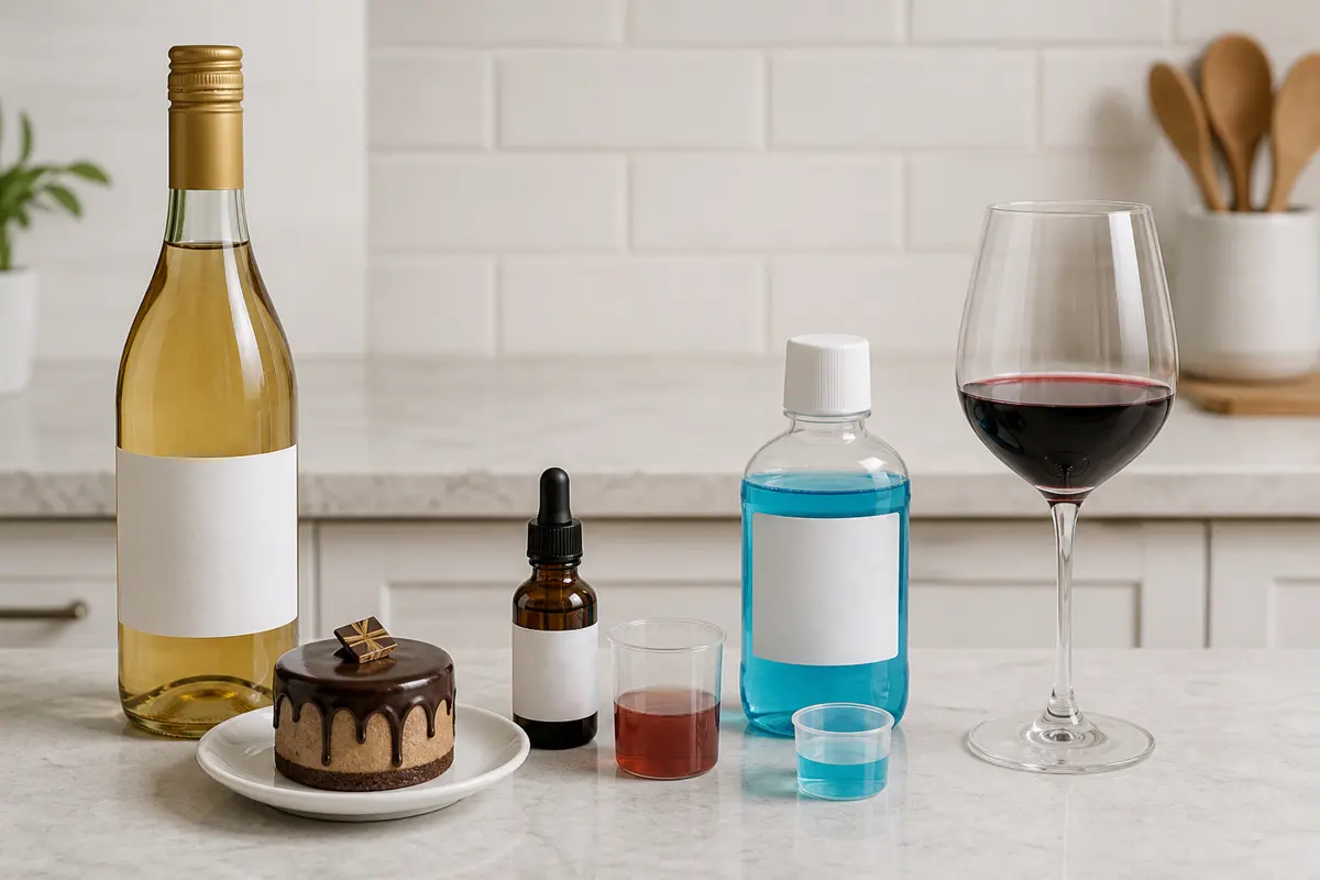 Unbranded cooking wine, liqueur dessert, tincture, liquid medicine, and mouthwash arranged as possible hidden alcohol sources