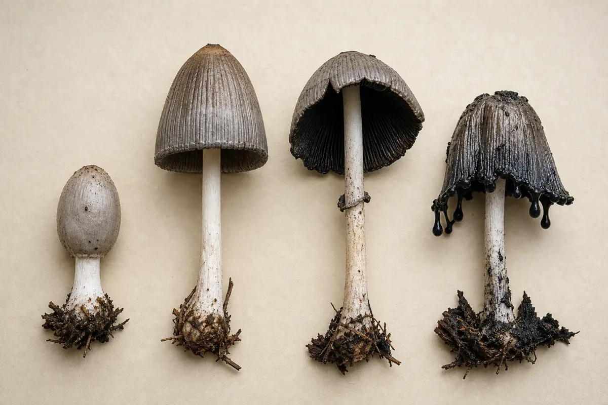 Common inkcap mushrooms shown at young, mature, and deliquescing stages with intact stem bases