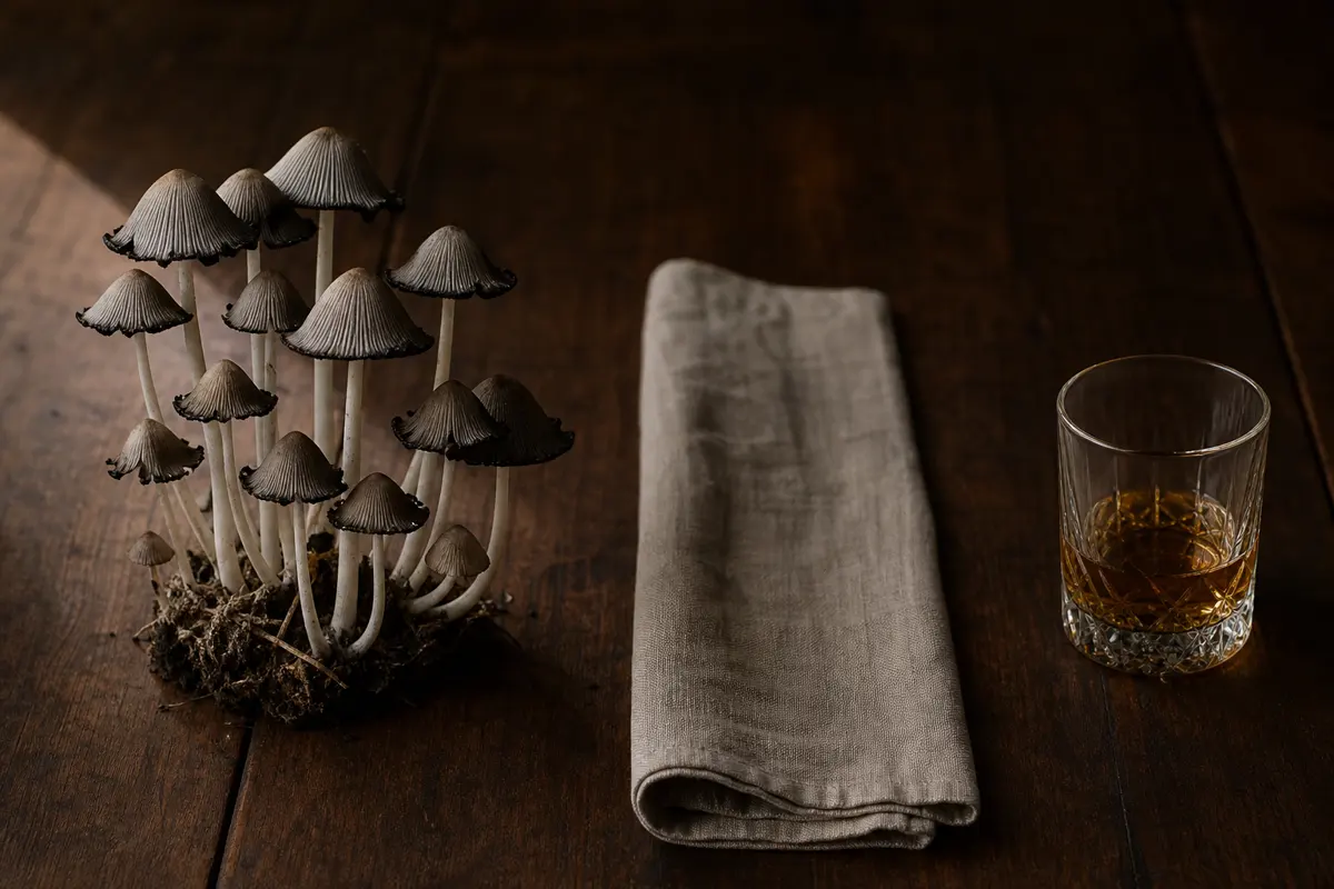 Common inkcap specimens separated from a glass of alcohol to show the interaction risk