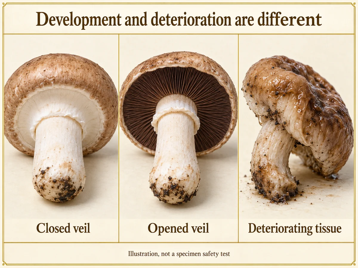 Illustrated comparison of closed-veil cremini, firm opened cremini with dark gills and a separate collapsed wet mushroom