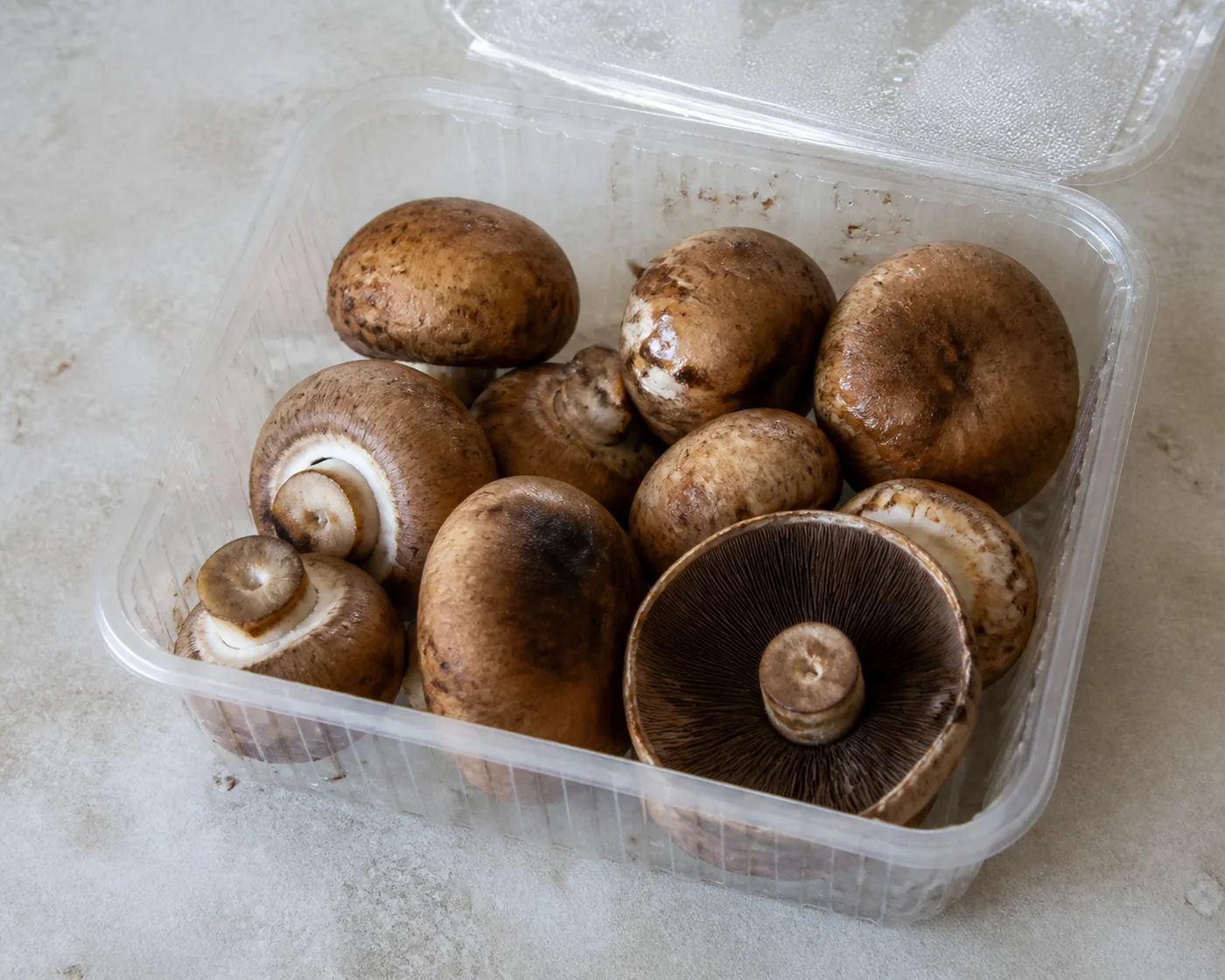 Cremini gone wet and patchy in an opened punnet with one cap flattened and its gills dark chocolate brown
