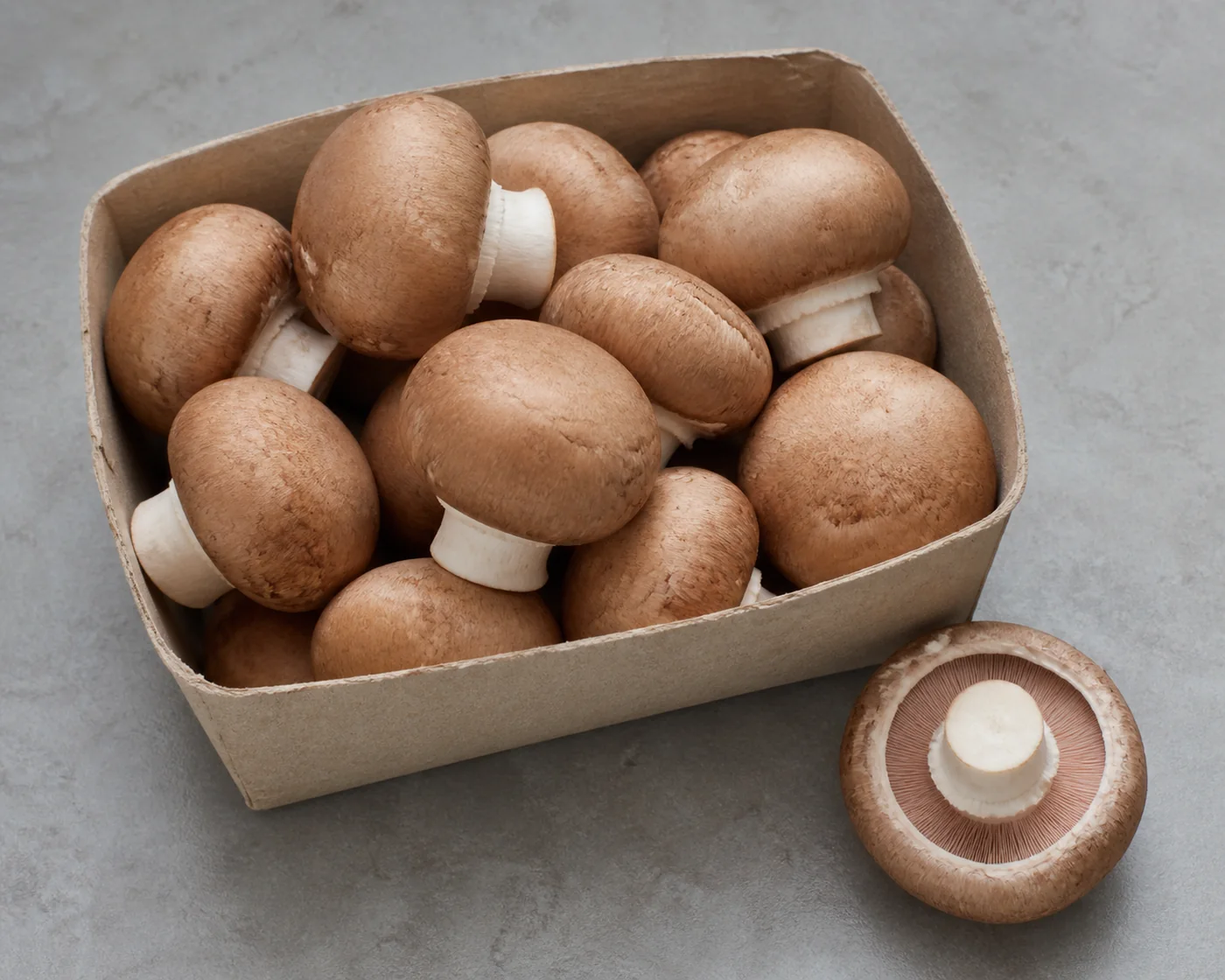 A shallow punnet of fresh cremini shot from above with one lifted out and turned over to show tight pale pink gills