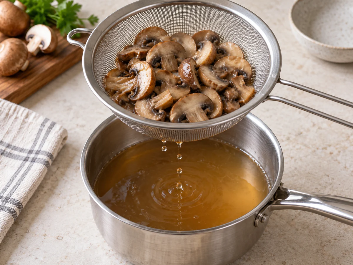 Cooked cremini slices in a strainer beside a saucepan holding their cooking liquid
