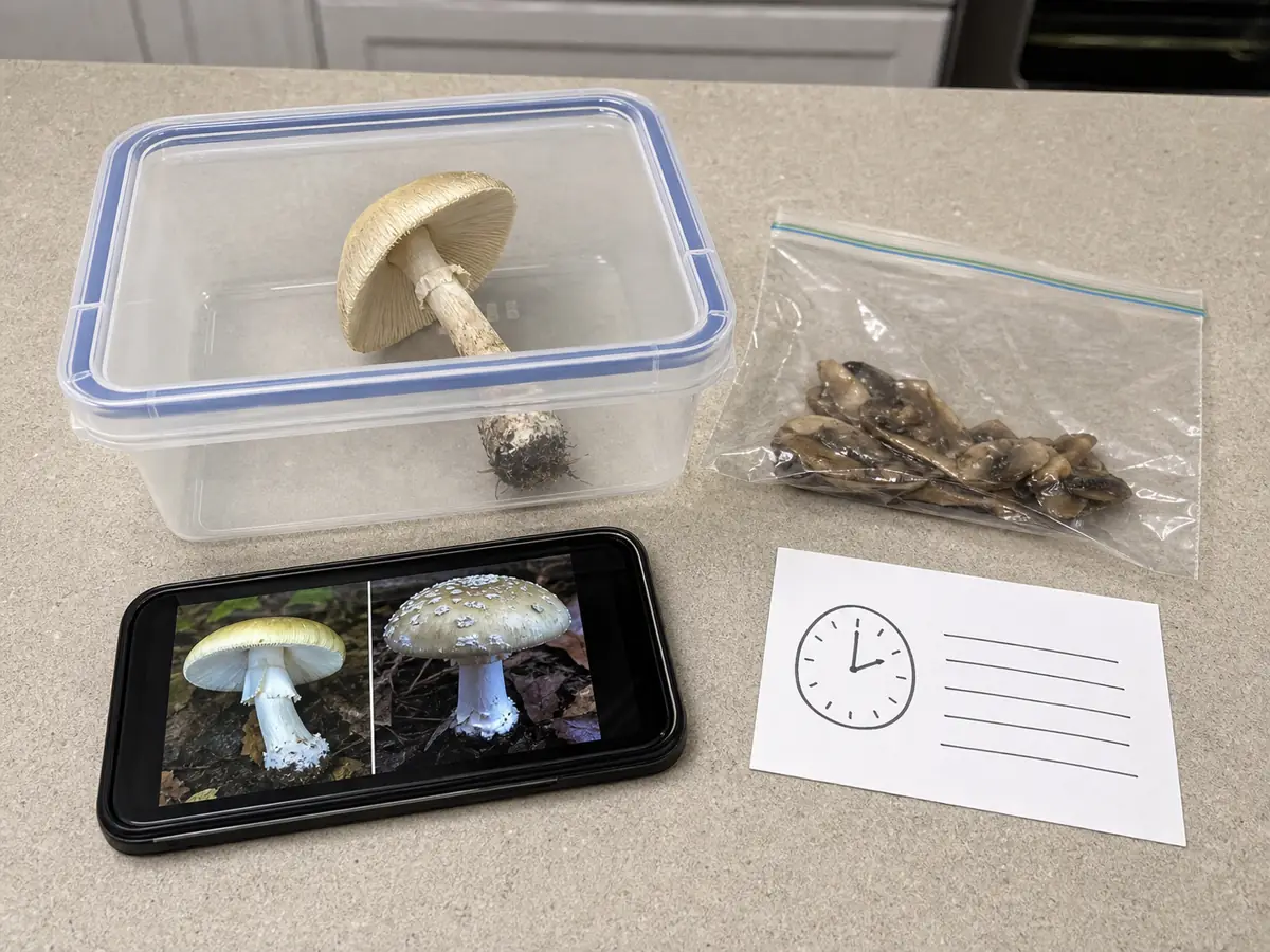 Sealed uncooked specimen, cooked leftovers, mushroom photographs, and a time note preserved after suspected exposure - deadly mushroom exposure