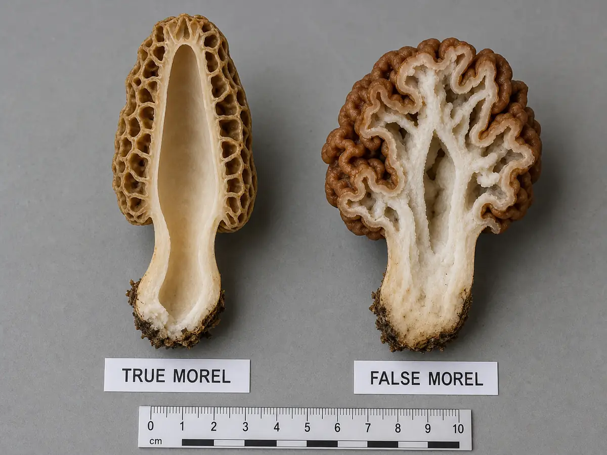 True morel and false morel cut lengthwise to compare their interiors