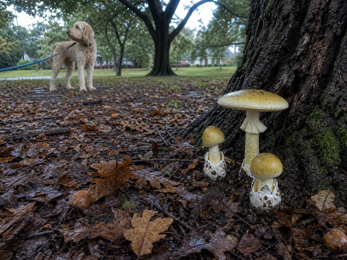 Death cap mushrooms growing in damp leaf litter beneath an oak with a dog held back on a leash - Death cap habitat risk for dogs
