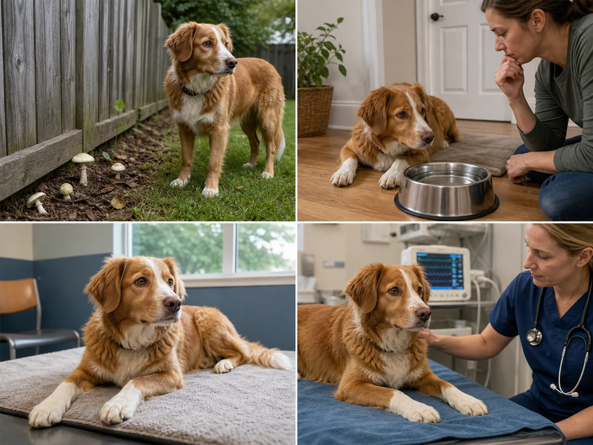 Four-panel veterinary scene showing an alert dog, later stomach illness, apparent rest, and emergency monitoring - Death cap poisoning timeline in dogs