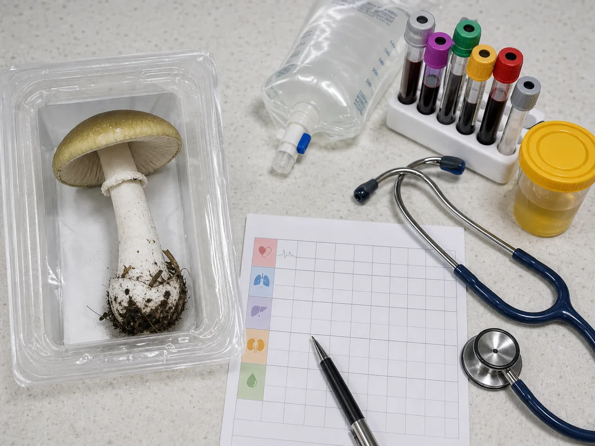 Preserved death cap specimen separated from blood tubes, IV fluid, urine cup, stethoscope, and a blank trend chart