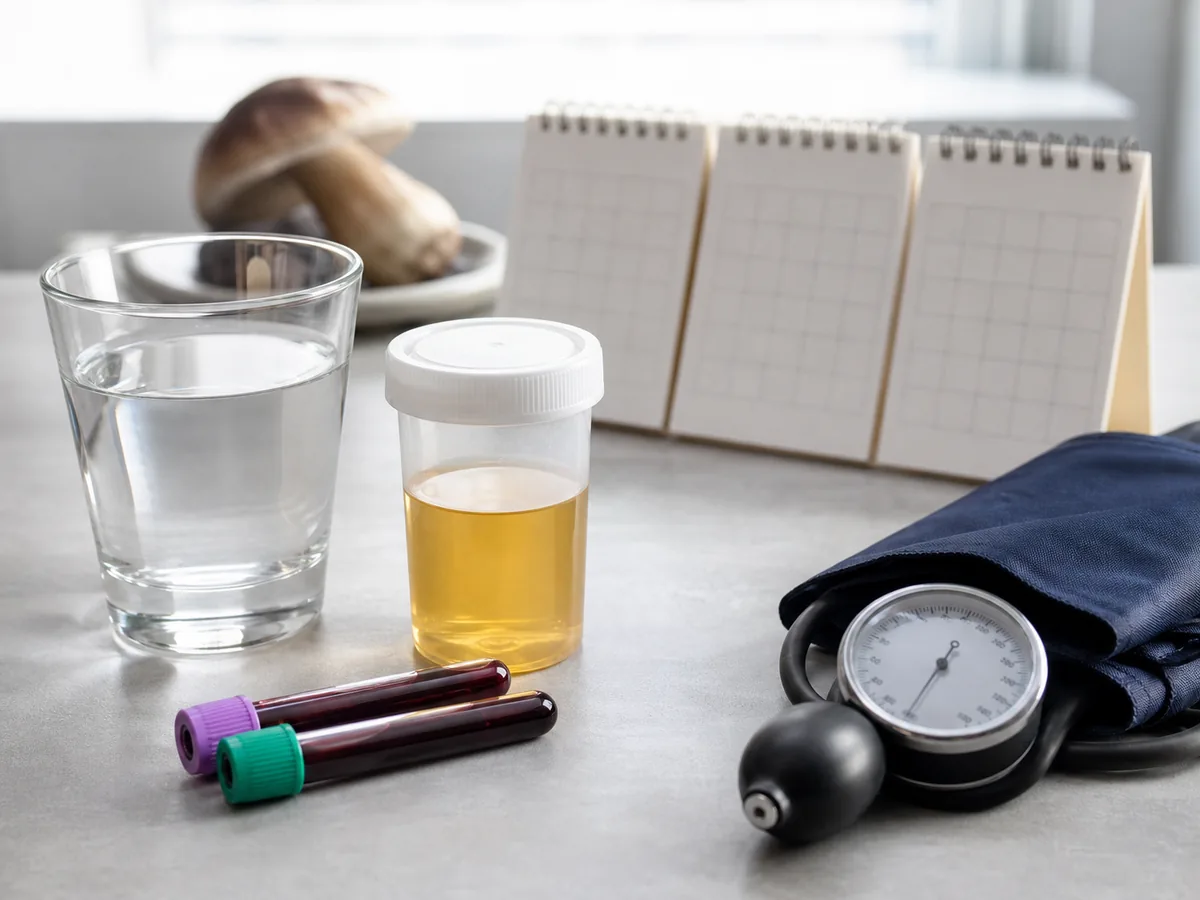 Water glass, kidney laboratory setup, urine specimen, and several calendar pages