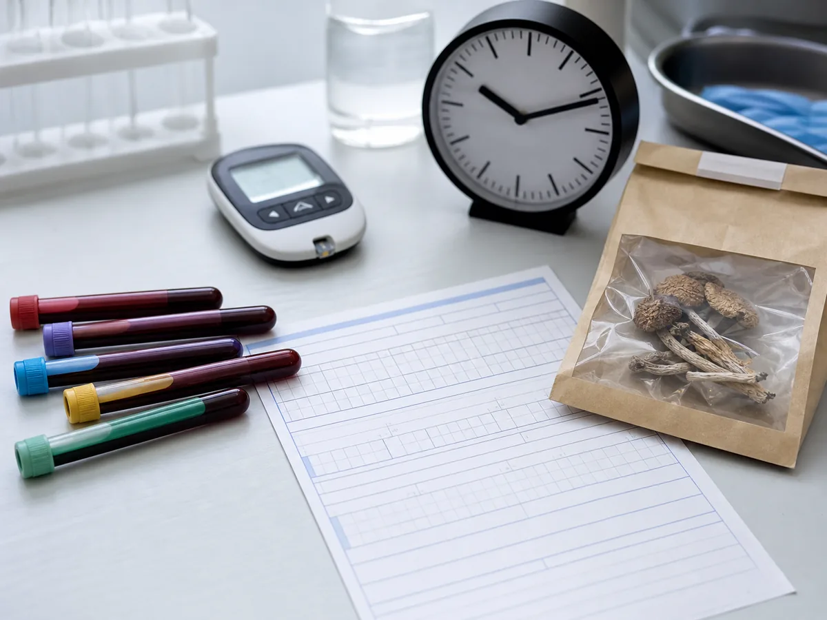 Hospital blood tubes, liver monitoring paperwork, clock, and retained mushroom evidence