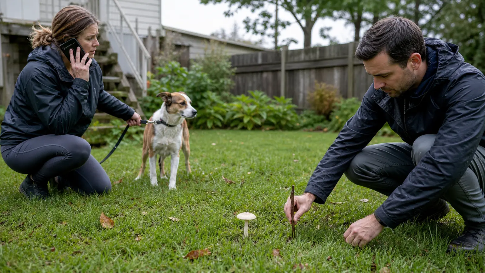 Dog held away from a yard mushroom while an owner calls veterinary help