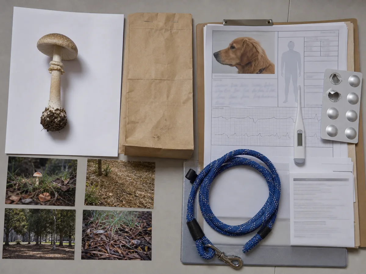 Whole mushroom with base, paper bag, habitat photographs, and a separate dog exposure record
