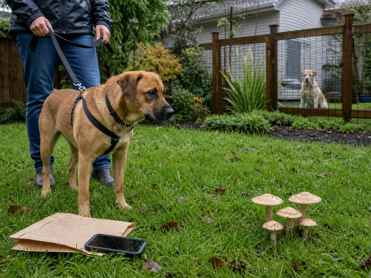 Dog held on leash away from a lawn mushroom while an owner calls veterinary help