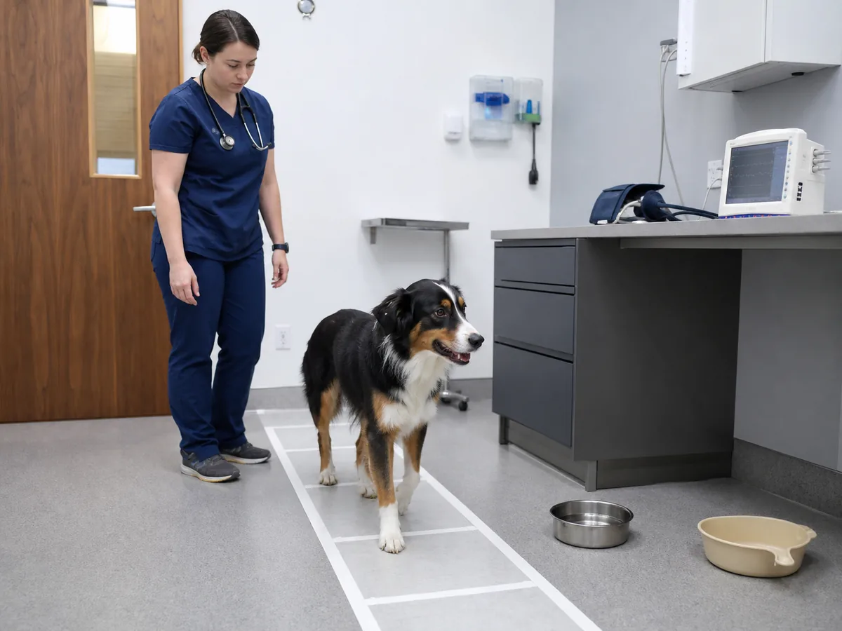 Alert dog in a veterinary observation room with gait path, water bowl, emesis tray, and monitors