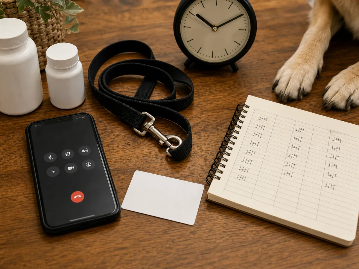 Phone, veterinary clinic information, dog weight record, clock, and leash beside a calm dog