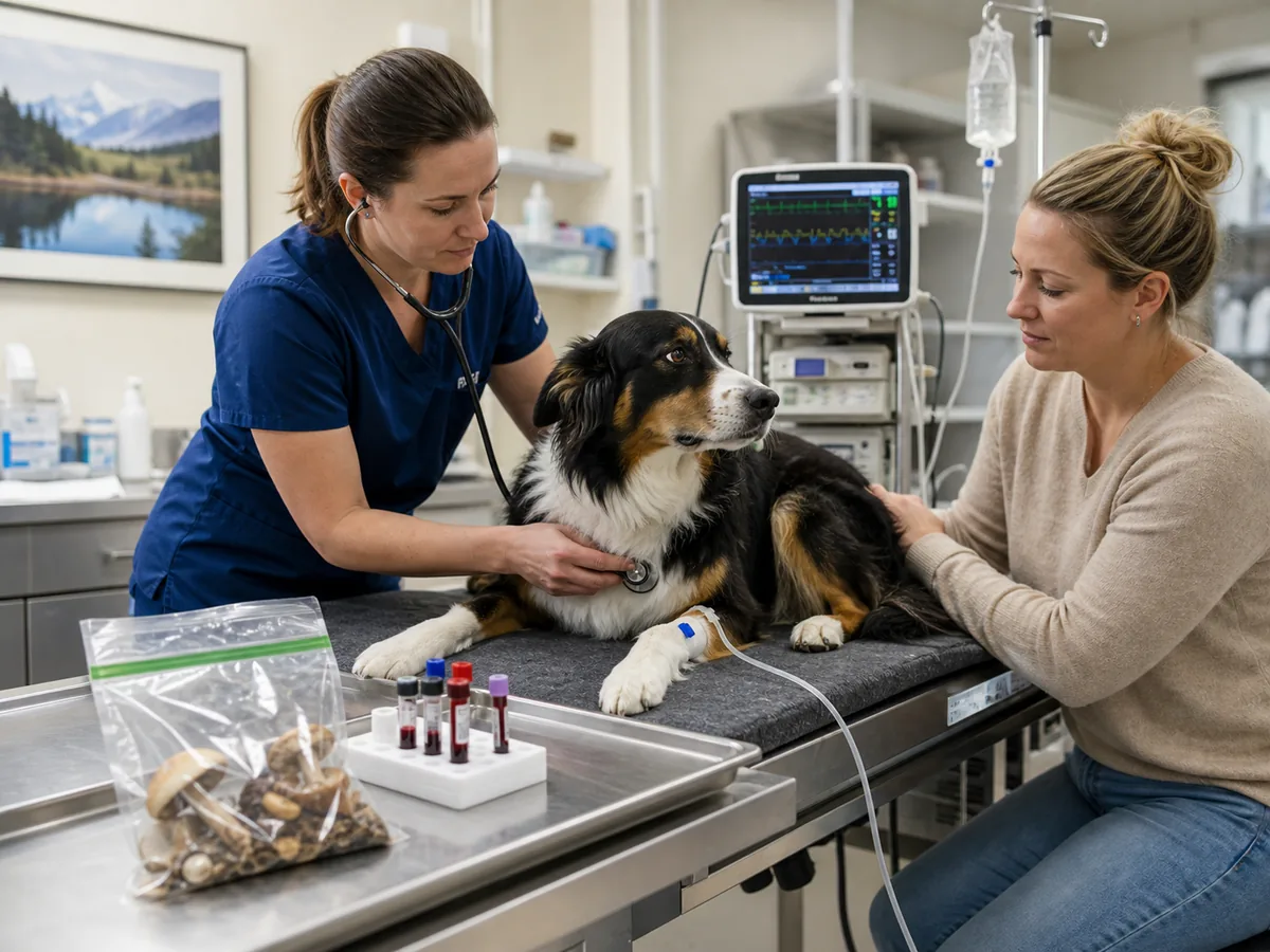 Veterinarian with a calm dog, IV and monitoring setup, specimen bag, and blood tubes
