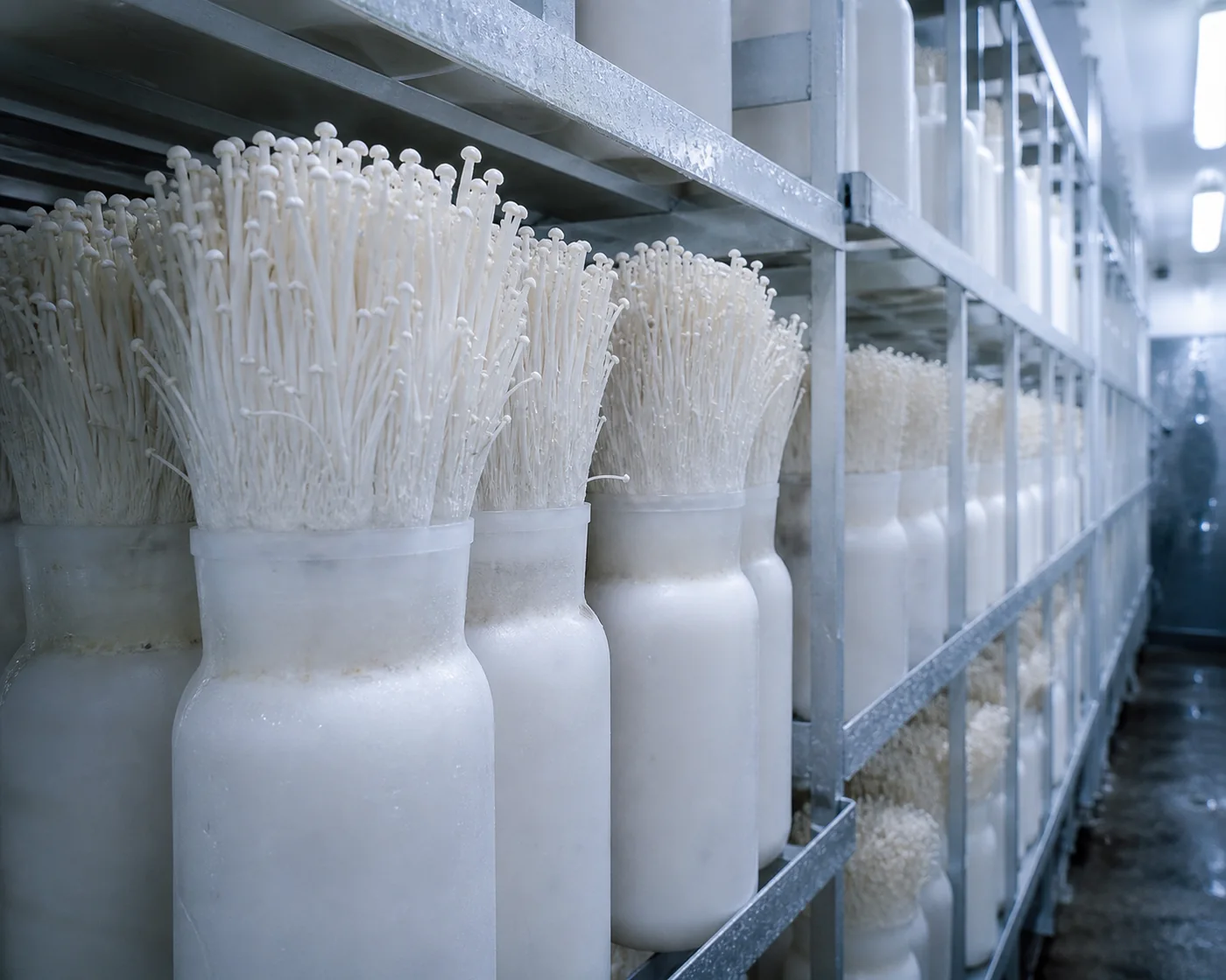 Rows of tall white cultivation bottles on metal shelving in a cold growing room with columns of enoki rising out of them
