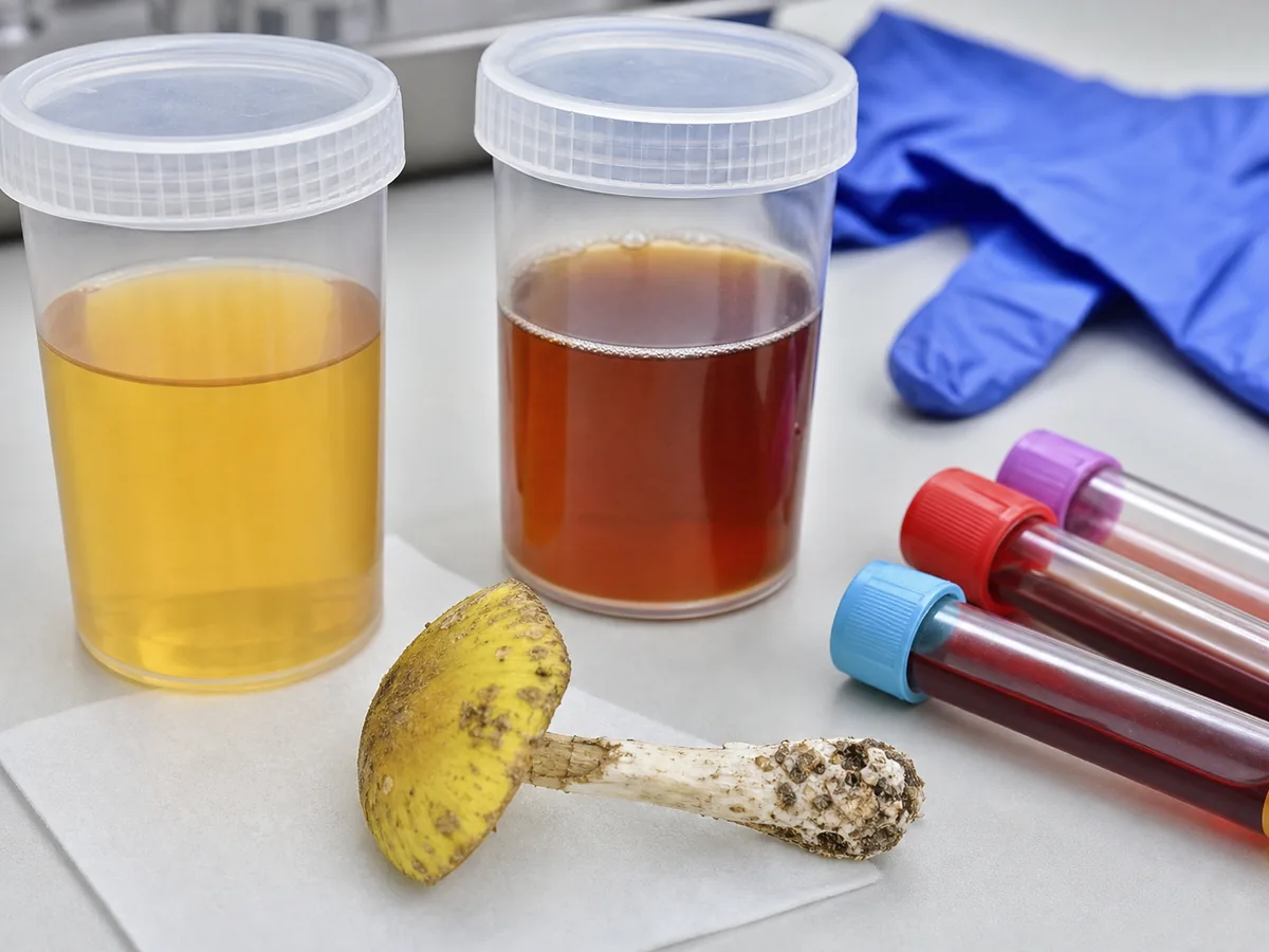 Sealed yellow knight fragment beside light and dark urine samples, gloves, and blood tubes
