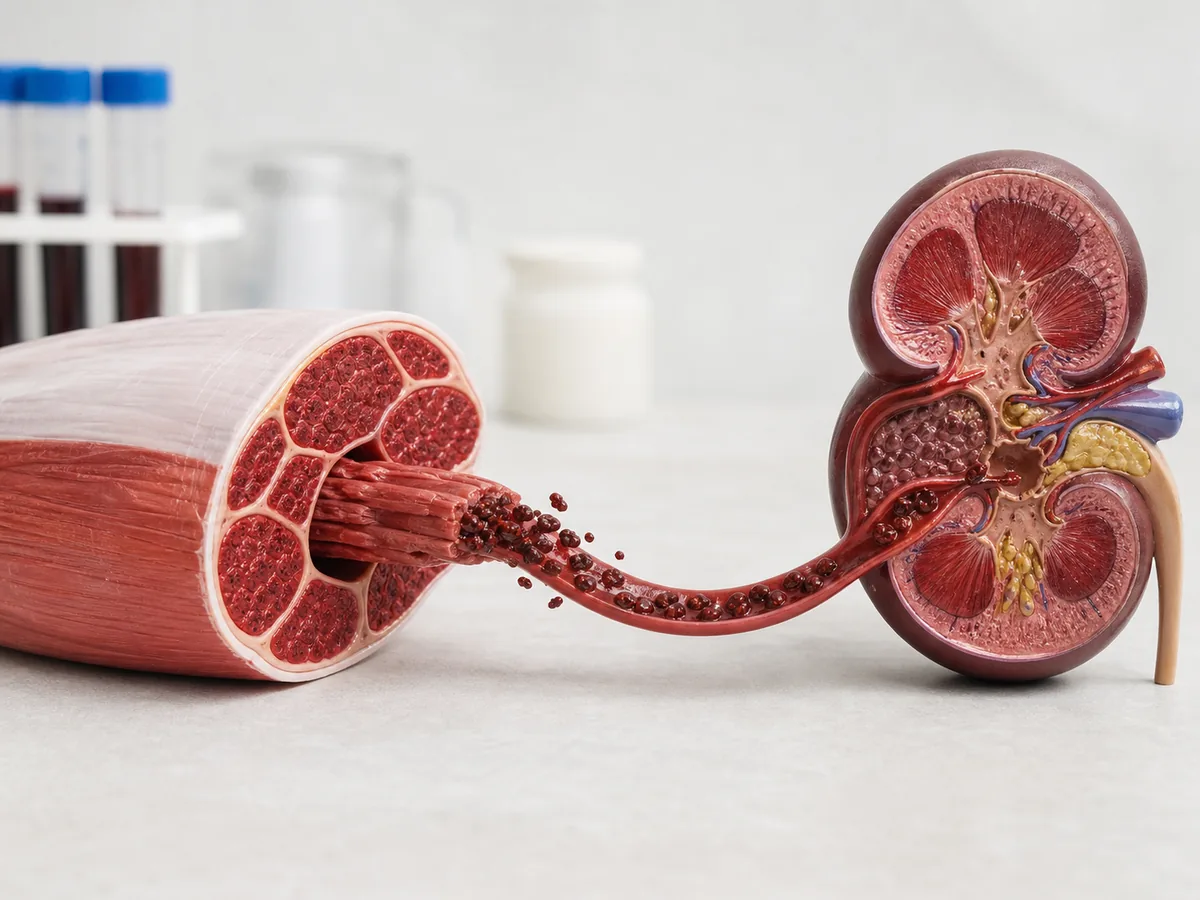 Skeletal muscle cross-section releasing dark pigment toward a kidney model