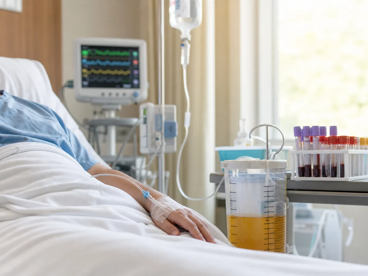 Stable bedside monitoring with fluid line, measured urine, and repeated laboratory tubes