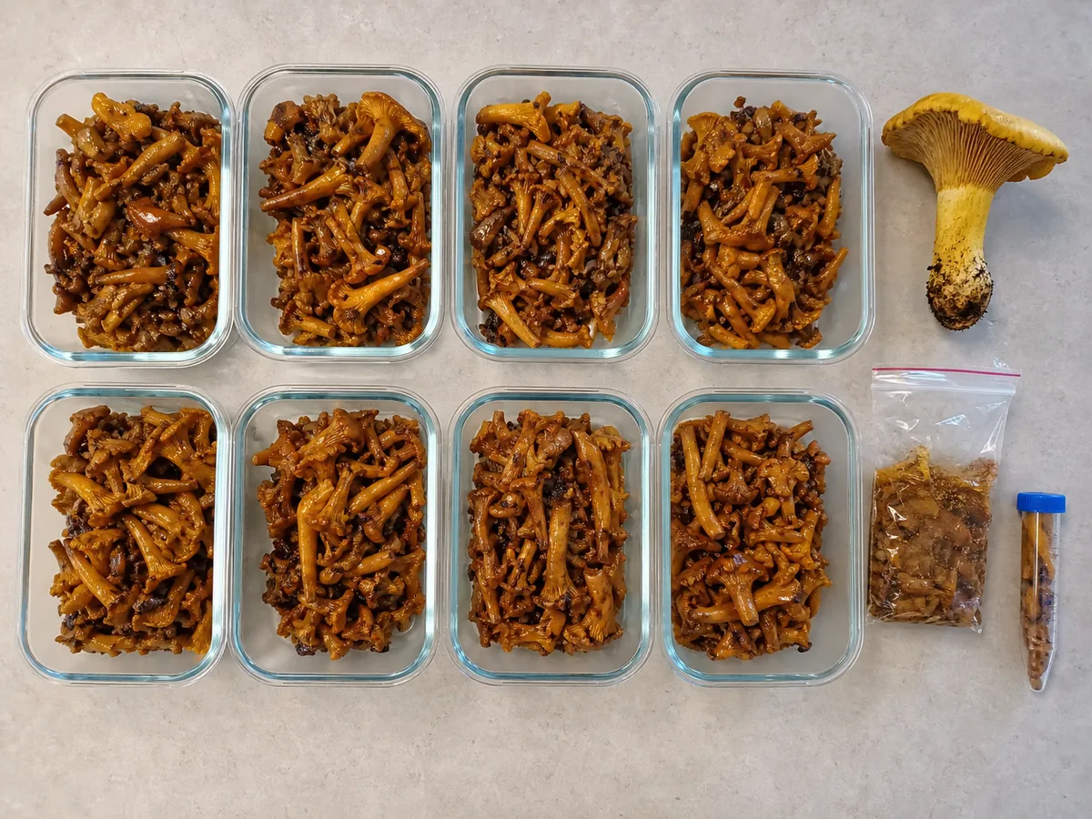 Repeated yellow knight meal portions beside a calendar sequence, sealed specimen, and laboratory tube