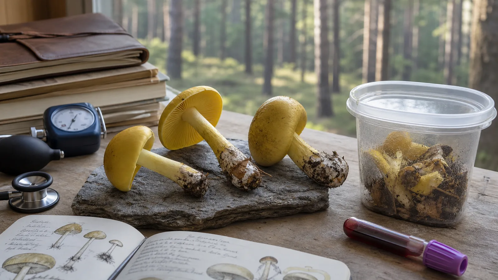 Yellow knight mushrooms beside sealed meal evidence and clinical monitoring equipment