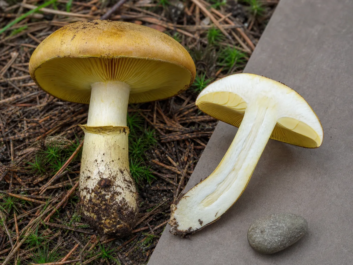 Complete yellow knight specimen with yellow gills, stem, cap, and sandy pine litter