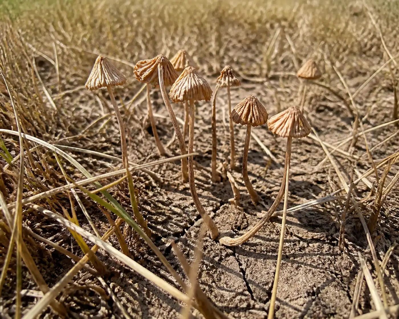 Shrivelled dried out tan mushroom caps on thin wiry stems standing in parched yellowed lawn grass under hard midday sun