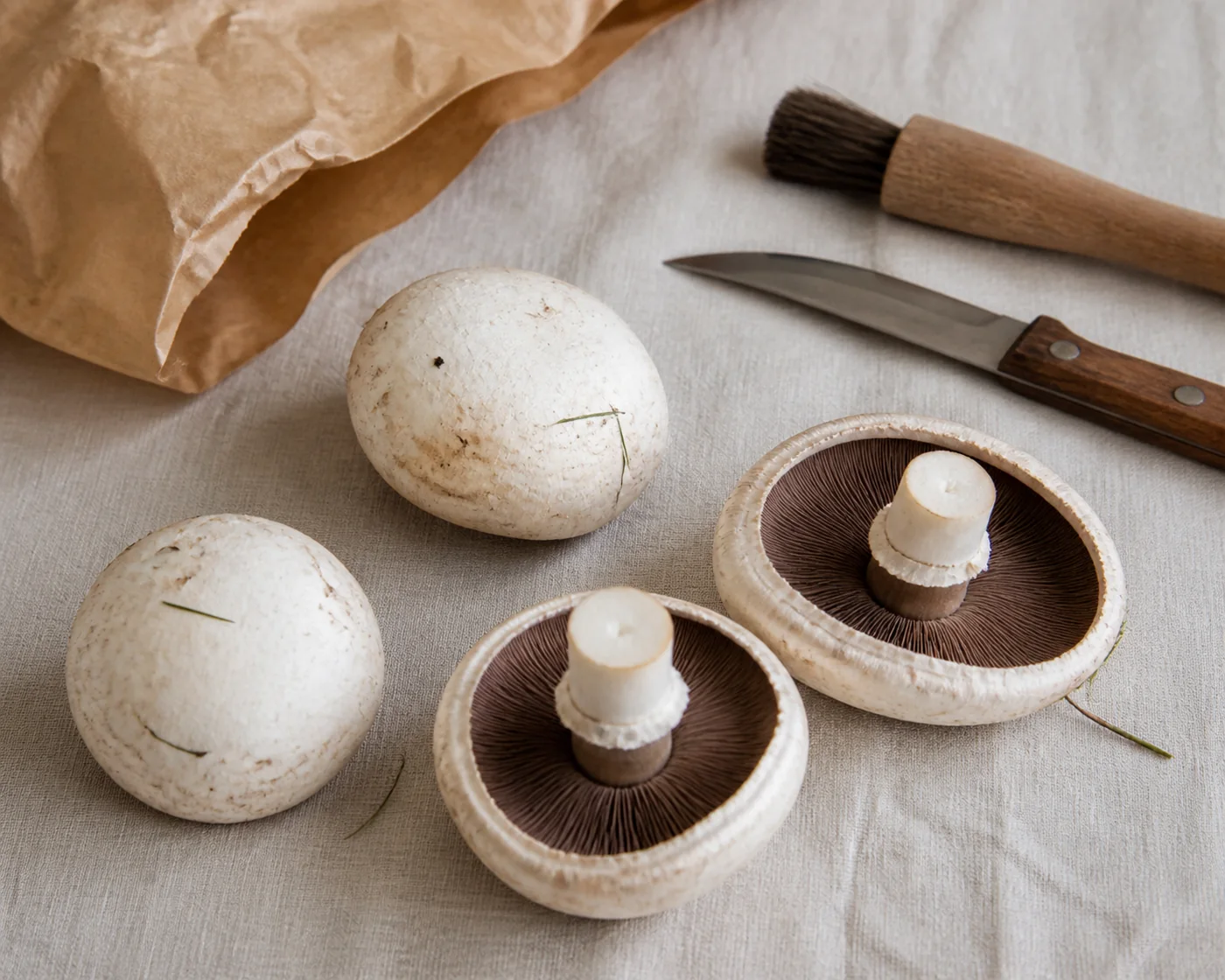 Four field mushrooms on a linen cloth with two turned gills upward beside a small knife, a brush and a paper bag