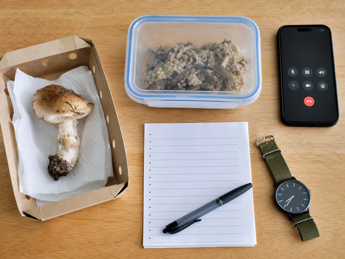Whole mushroom specimen, meal remnants, phone, watch, and blank exposure timeline arranged separately