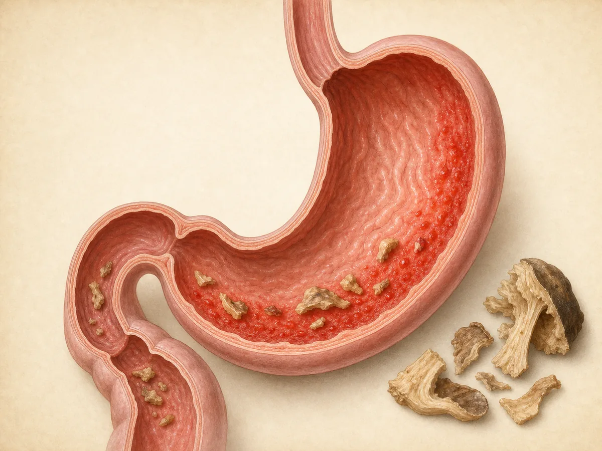 Clinical cutaway illustration of the stomach and intestine beside mushroom fragments