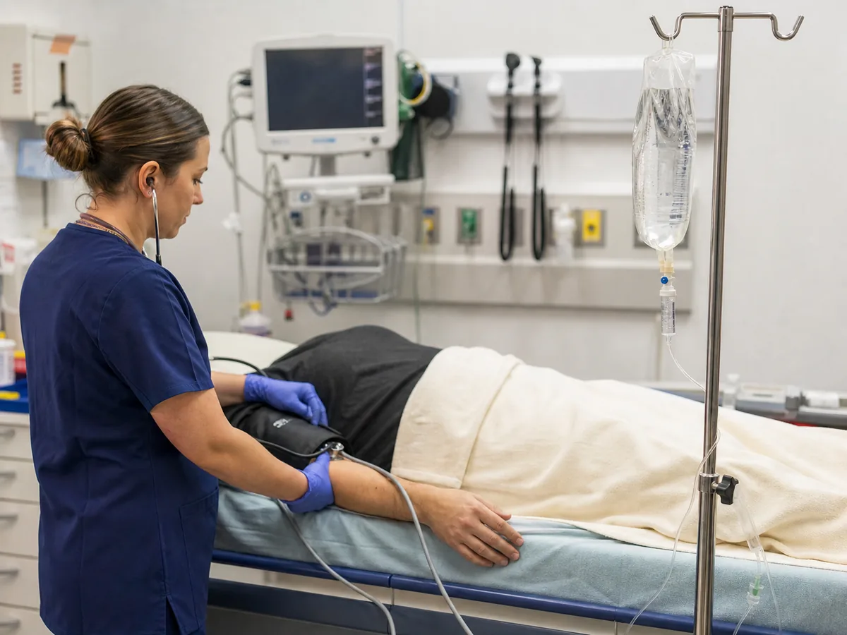 A clinician checks blood pressure while monitored intravenous fluid is given in a treatment room